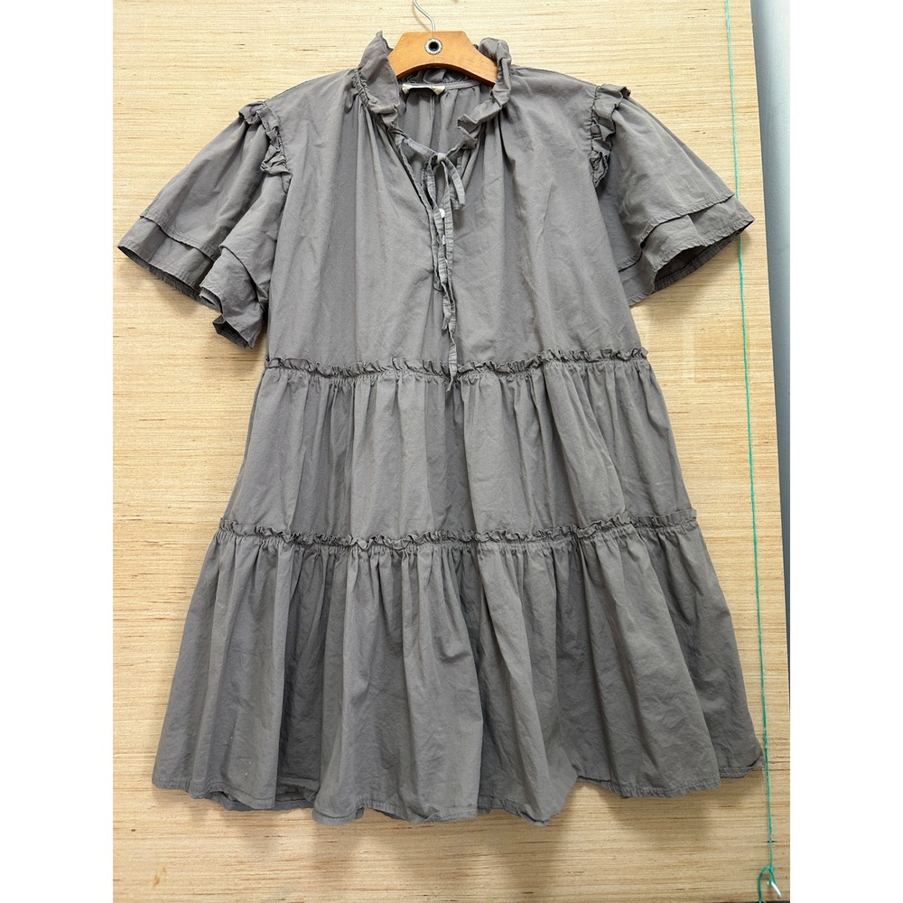 Sofia Made in‎ Italy Grey Tiered Babydoll Dress Ruffle Neck Short Sleeve Cotton